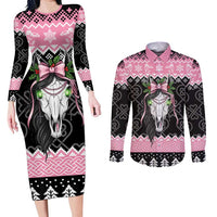 Anglesey Wales Christmas Couples Matching Long Sleeve Bodycon Dress and Long Sleeve Button Shirt Pink Mari Lwyd Welsh Celtic Knot - Wonder Print Shop