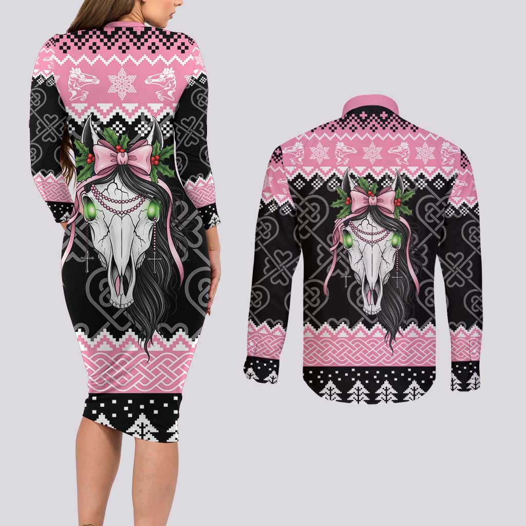 Anglesey Wales Christmas Couples Matching Long Sleeve Bodycon Dress and Long Sleeve Button Shirt Pink Mari Lwyd Welsh Celtic Knot - Wonder Print Shop
