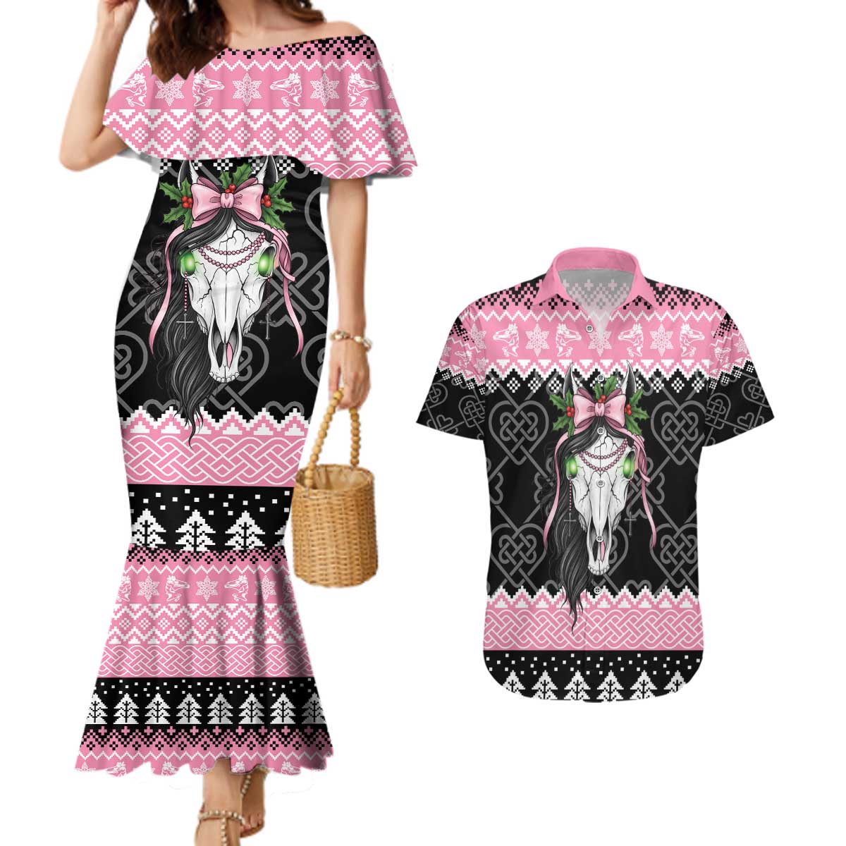 Anglesey Wales Christmas Couples Matching Mermaid Dress and Hawaiian Shirt Pink Mari Lwyd Welsh Celtic Knot - Wonder Print Shop