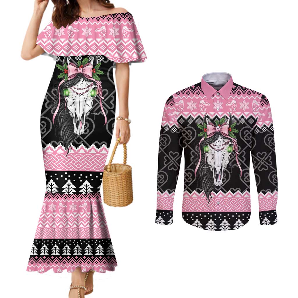 Anglesey Wales Christmas Couples Matching Mermaid Dress and Long Sleeve Button Shirt Pink Mari Lwyd Welsh Celtic Knot - Wonder Print Shop