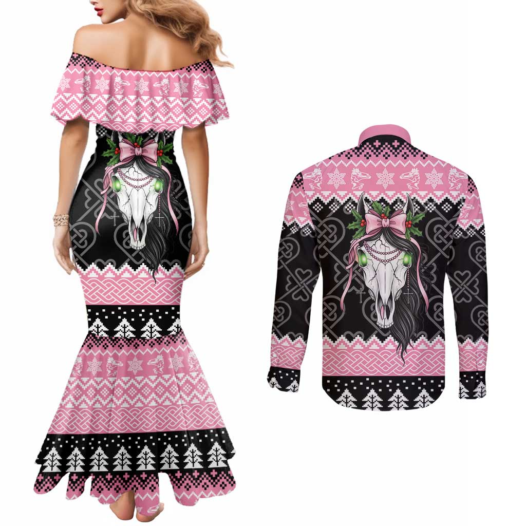 Anglesey Wales Christmas Couples Matching Mermaid Dress and Long Sleeve Button Shirt Pink Mari Lwyd Welsh Celtic Knot - Wonder Print Shop