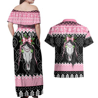 Anglesey Wales Christmas Couples Matching Off Shoulder Maxi Dress and Hawaiian Shirt Pink Mari Lwyd Welsh Celtic Knot - Wonder Print Shop