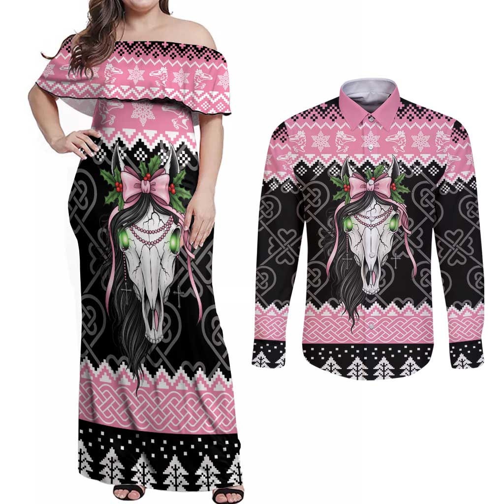 Anglesey Wales Christmas Couples Matching Off Shoulder Maxi Dress and Long Sleeve Button Shirt Pink Mari Lwyd Welsh Celtic Knot - Wonder Print Shop