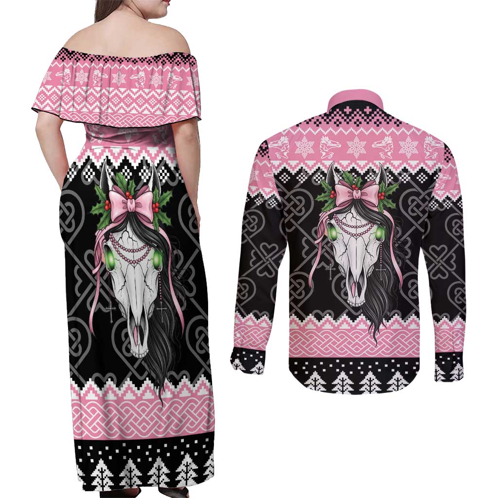 Anglesey Wales Christmas Couples Matching Off Shoulder Maxi Dress and Long Sleeve Button Shirt Pink Mari Lwyd Welsh Celtic Knot - Wonder Print Shop
