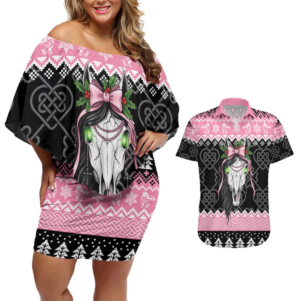 Anglesey Wales Christmas Couples Matching Off Shoulder Short Dress and Hawaiian Shirt Pink Mari Lwyd Welsh Celtic Knot - Wonder Print Shop