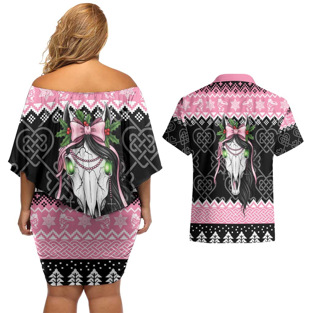 Anglesey Wales Christmas Couples Matching Off Shoulder Short Dress and Hawaiian Shirt Pink Mari Lwyd Welsh Celtic Knot - Wonder Print Shop