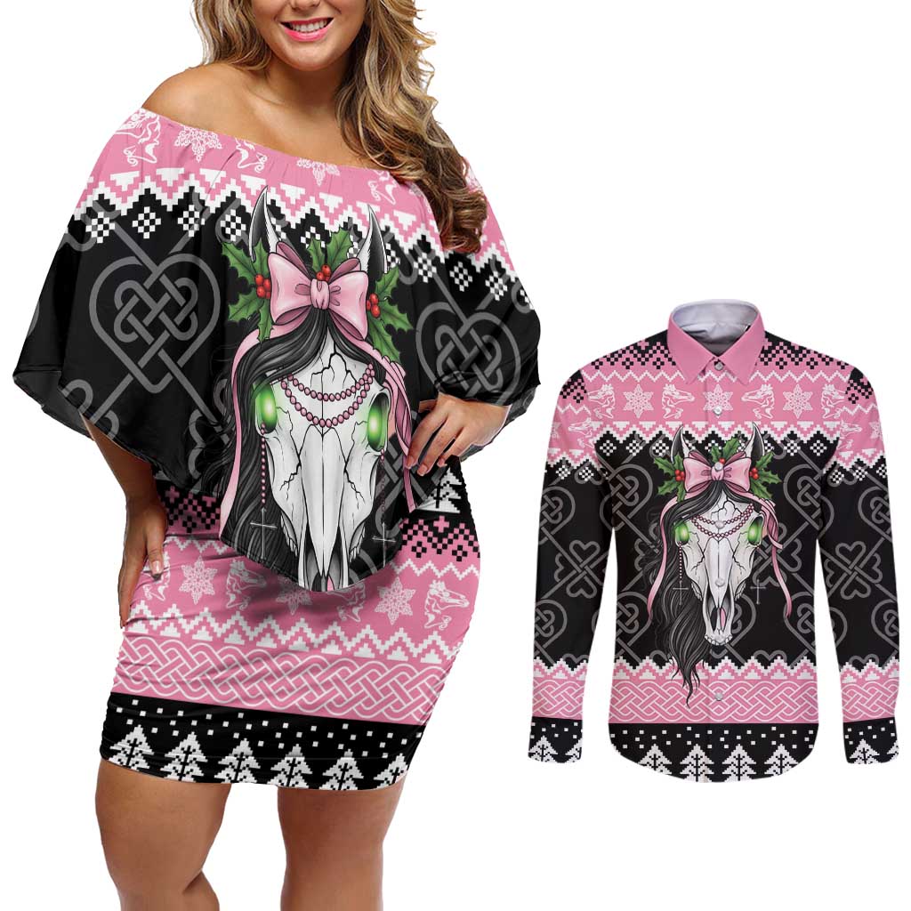 Anglesey Wales Christmas Couples Matching Off Shoulder Short Dress and Long Sleeve Button Shirt Pink Mari Lwyd Welsh Celtic Knot - Wonder Print Shop