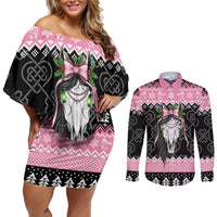 Anglesey Wales Christmas Couples Matching Off Shoulder Short Dress and Long Sleeve Button Shirt Pink Mari Lwyd Welsh Celtic Knot - Wonder Print Shop