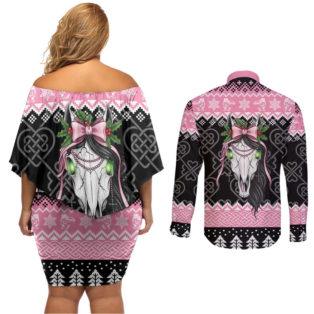 Anglesey Wales Christmas Couples Matching Off Shoulder Short Dress and Long Sleeve Button Shirt Pink Mari Lwyd Welsh Celtic Knot - Wonder Print Shop