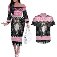 Anglesey Wales Christmas Couples Matching Off The Shoulder Long Sleeve Dress and Hawaiian Shirt Pink Mari Lwyd Welsh Celtic Knot - Wonder Print Shop