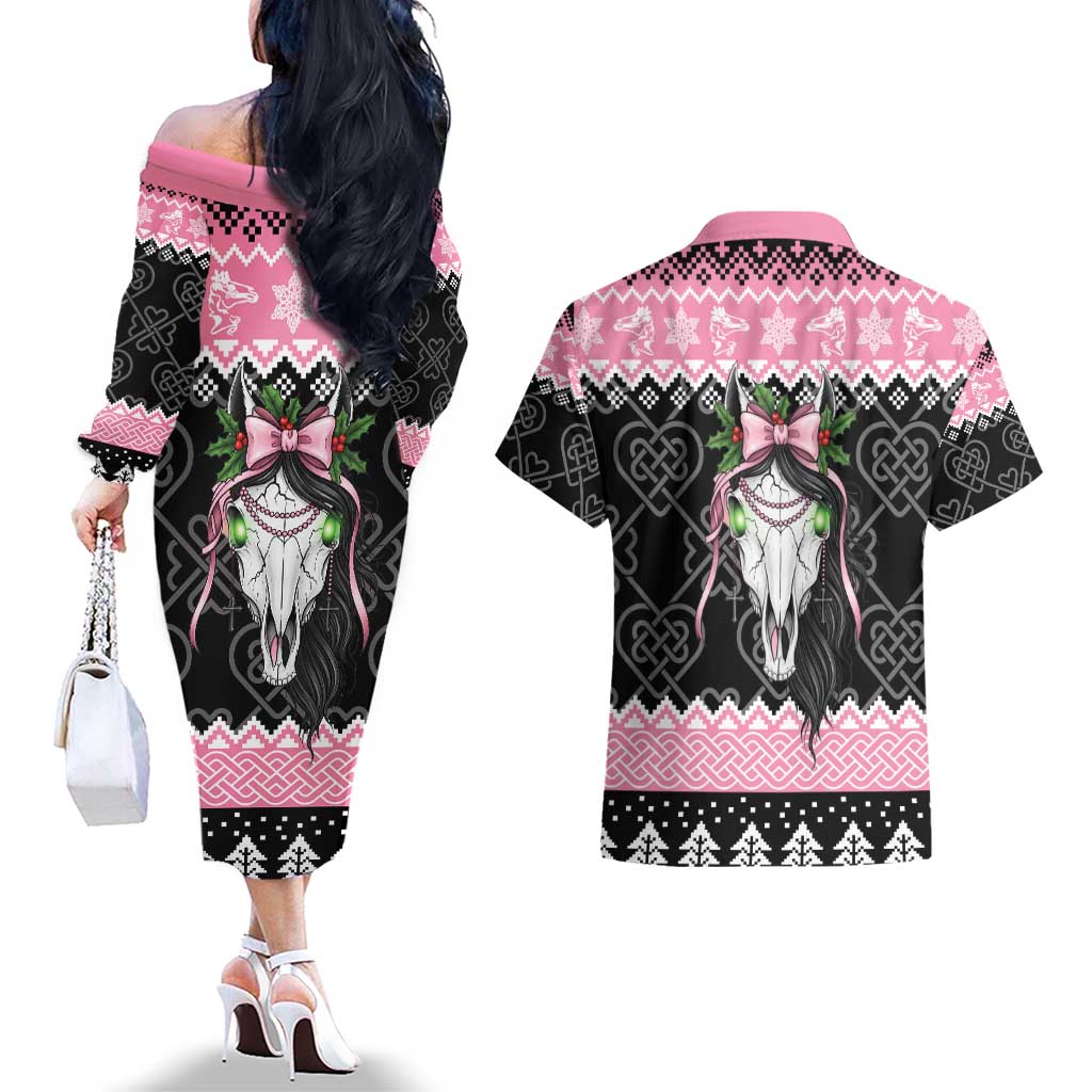 Anglesey Wales Christmas Couples Matching Off The Shoulder Long Sleeve Dress and Hawaiian Shirt Pink Mari Lwyd Welsh Celtic Knot - Wonder Print Shop