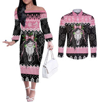 Anglesey Wales Christmas Couples Matching Off The Shoulder Long Sleeve Dress and Long Sleeve Button Shirt Pink Mari Lwyd Welsh Celtic Knot - Wonder Print Shop