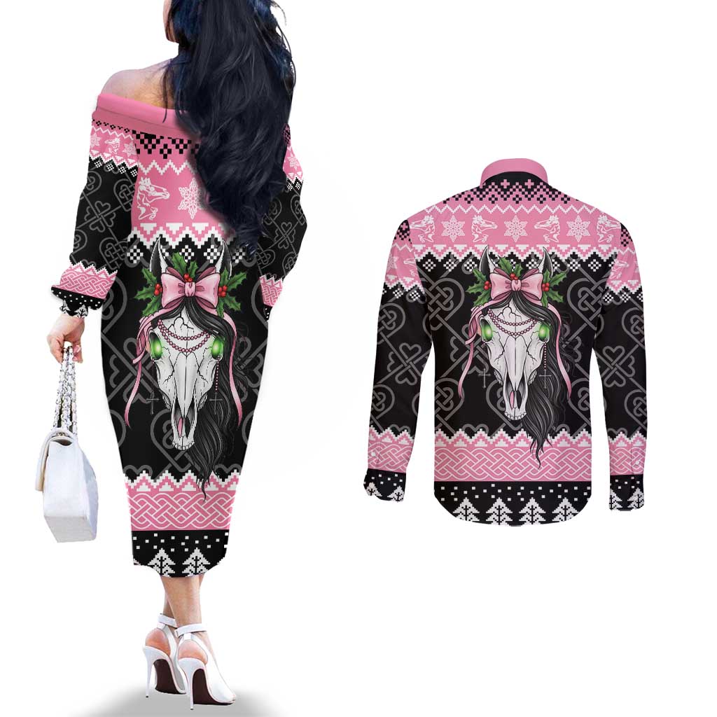 Anglesey Wales Christmas Couples Matching Off The Shoulder Long Sleeve Dress and Long Sleeve Button Shirt Pink Mari Lwyd Welsh Celtic Knot - Wonder Print Shop