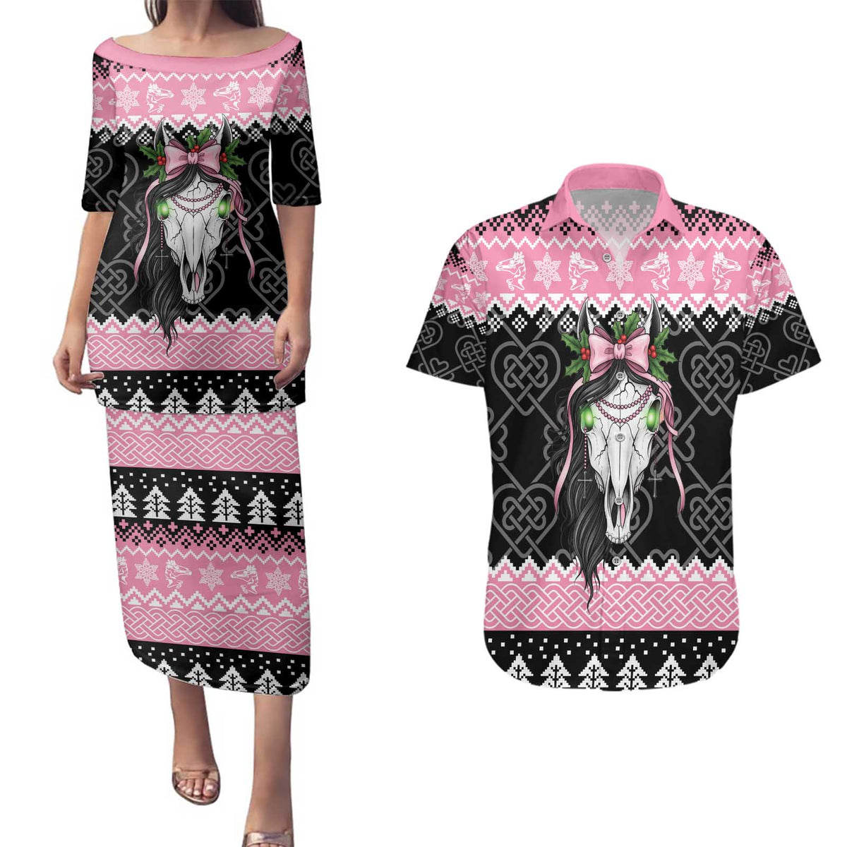 Anglesey Wales Christmas Couples Matching Puletasi and Hawaiian Shirt Pink Mari Lwyd Welsh Celtic Knot - Wonder Print Shop