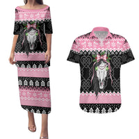 Anglesey Wales Christmas Couples Matching Puletasi and Hawaiian Shirt Pink Mari Lwyd Welsh Celtic Knot - Wonder Print Shop