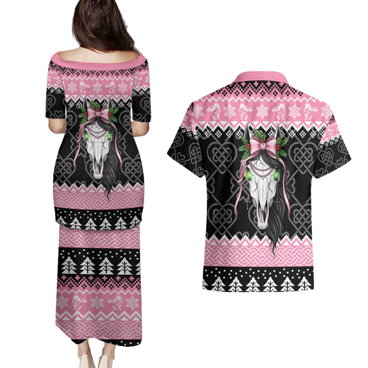 Anglesey Wales Christmas Couples Matching Puletasi and Hawaiian Shirt Pink Mari Lwyd Welsh Celtic Knot - Wonder Print Shop