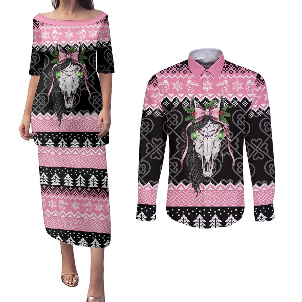 Anglesey Wales Christmas Couples Matching Puletasi and Long Sleeve Button Shirt Pink Mari Lwyd Welsh Celtic Knot - Wonder Print Shop