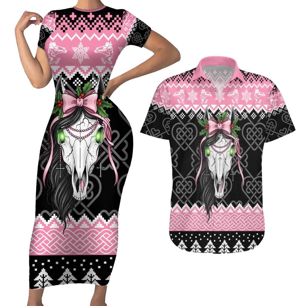 Anglesey Wales Christmas Couples Matching Short Sleeve Bodycon Dress and Hawaiian Shirt Pink Mari Lwyd Welsh Celtic Knot - Wonder Print Shop