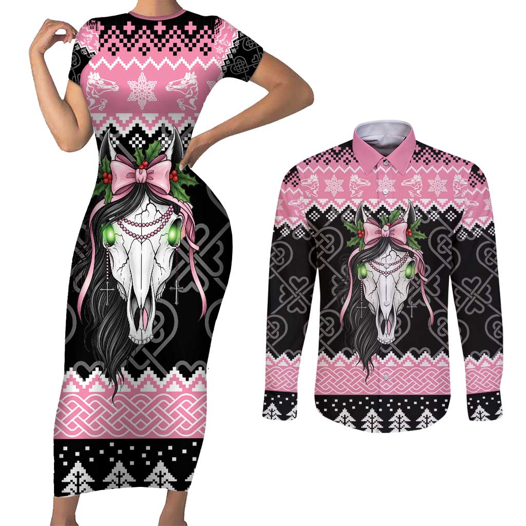 Anglesey Wales Christmas Couples Matching Short Sleeve Bodycon Dress and Long Sleeve Button Shirt Pink Mari Lwyd Welsh Celtic Knot - Wonder Print Shop