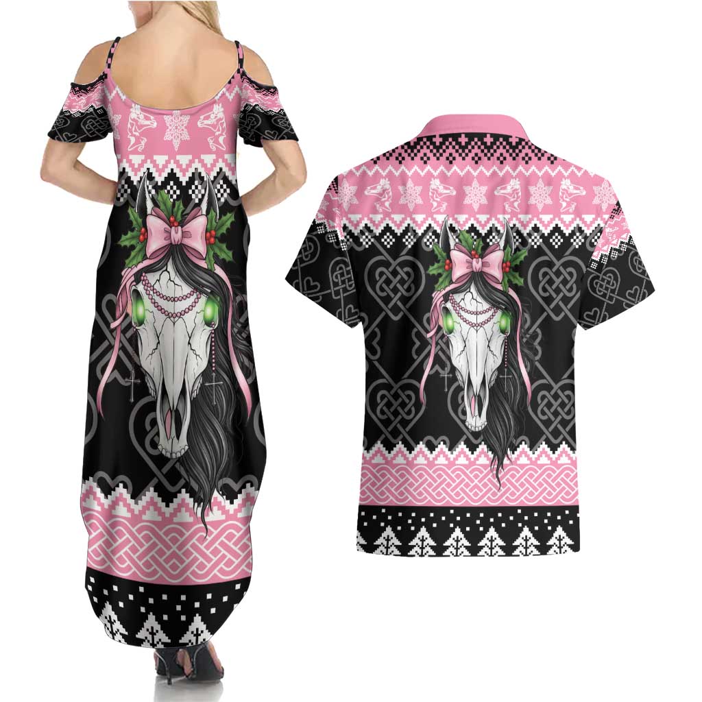 Anglesey Wales Christmas Couples Matching Summer Maxi Dress and Hawaiian Shirt Pink Mari Lwyd Welsh Celtic Knot - Wonder Print Shop