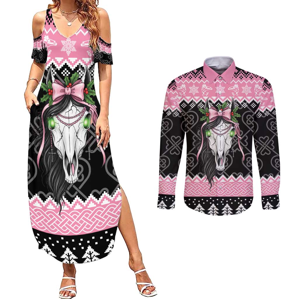 Anglesey Wales Christmas Couples Matching Summer Maxi Dress and Long Sleeve Button Shirt Pink Mari Lwyd Welsh Celtic Knot - Wonder Print Shop