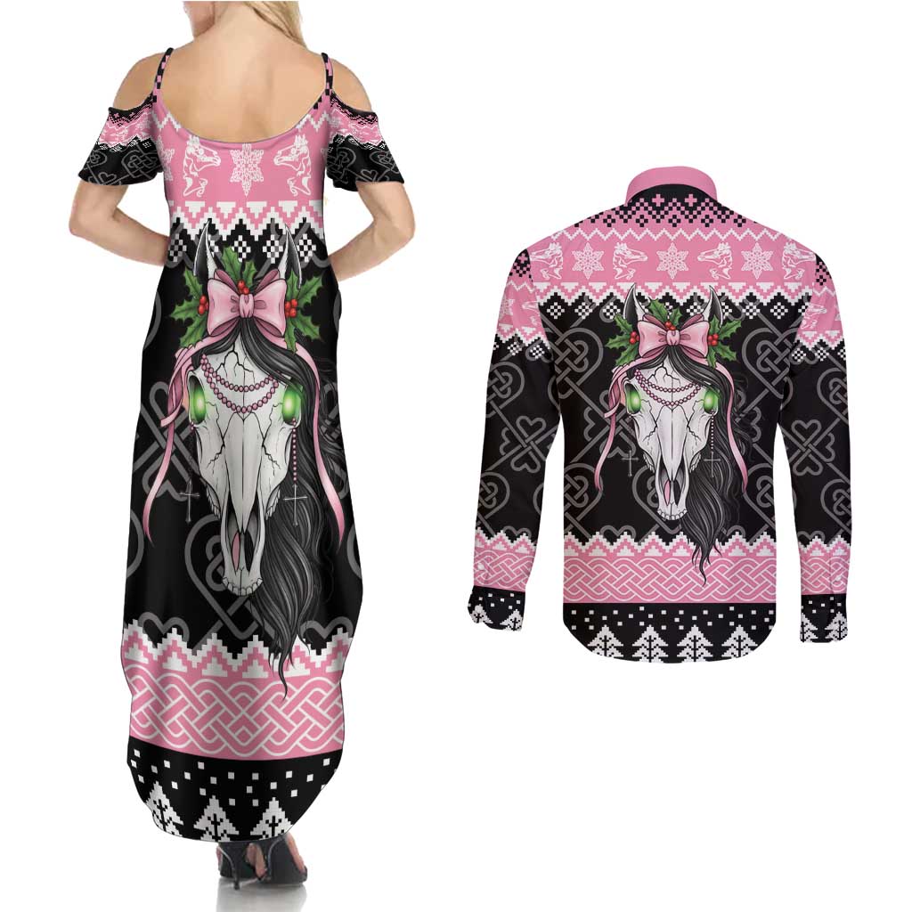 Anglesey Wales Christmas Couples Matching Summer Maxi Dress and Long Sleeve Button Shirt Pink Mari Lwyd Welsh Celtic Knot - Wonder Print Shop