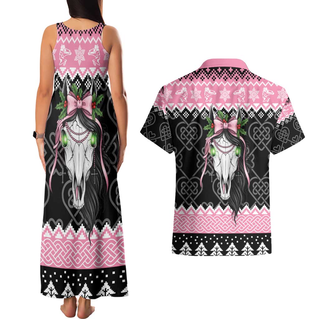 Anglesey Wales Christmas Couples Matching Tank Maxi Dress and Hawaiian Shirt Pink Mari Lwyd Welsh Celtic Knot - Wonder Print Shop