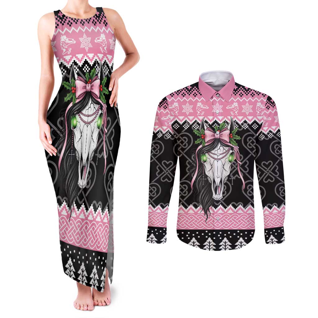 Anglesey Wales Christmas Couples Matching Tank Maxi Dress and Long Sleeve Button Shirt Pink Mari Lwyd Welsh Celtic Knot - Wonder Print Shop