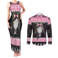 Anglesey Wales Christmas Couples Matching Tank Maxi Dress and Long Sleeve Button Shirt Pink Mari Lwyd Welsh Celtic Knot - Wonder Print Shop