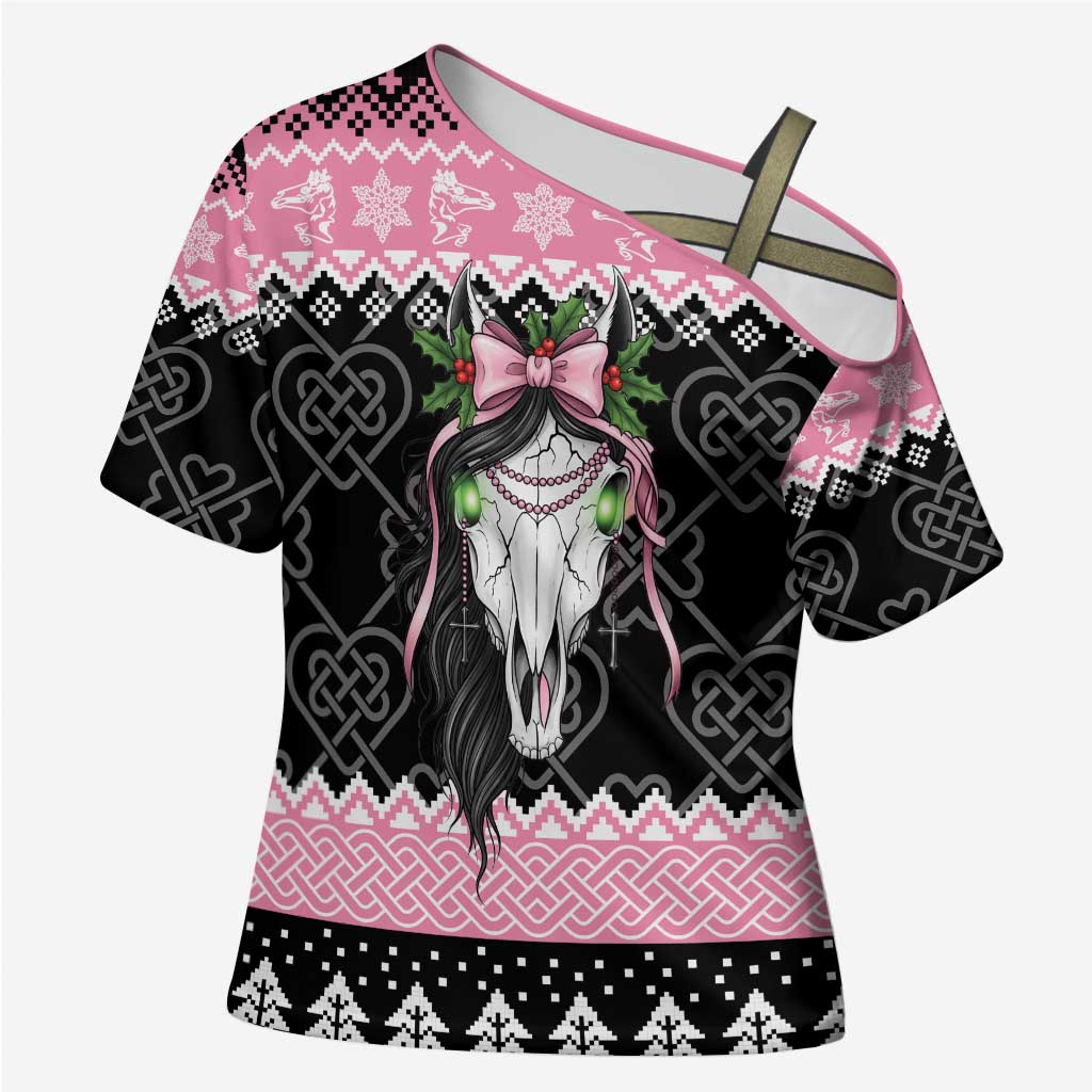 Anglesey Wales Christmas Cross Shoulder Shirt Pink Mari Lwyd Welsh Celtic Knot - Wonder Print Shop