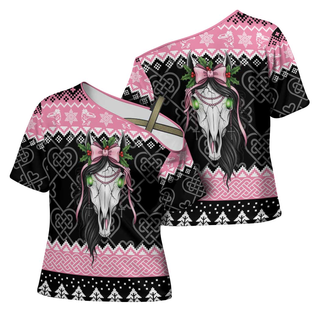 Anglesey Wales Christmas Cross Shoulder Shirt Pink Mari Lwyd Welsh Celtic Knot - Wonder Print Shop