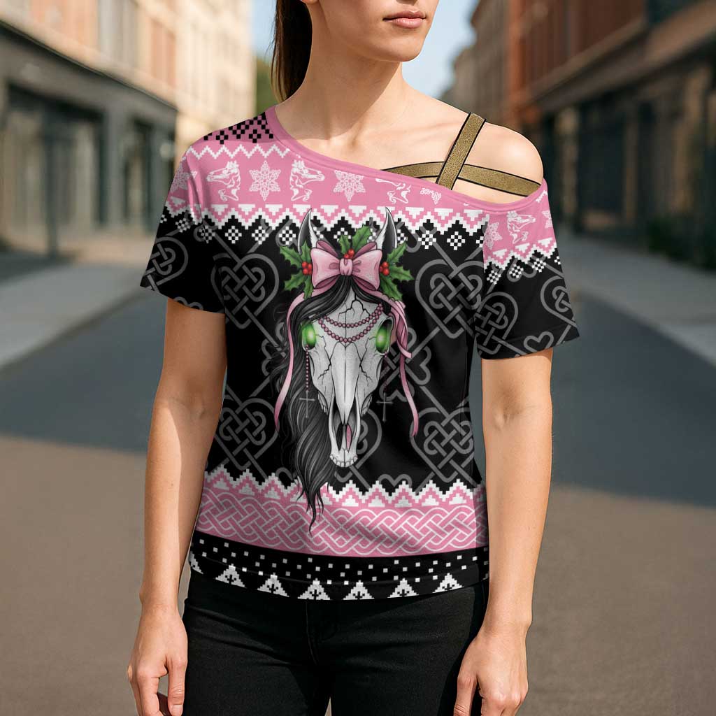 Anglesey Wales Christmas Cross Shoulder Shirt Pink Mari Lwyd Welsh Celtic Knot - Wonder Print Shop