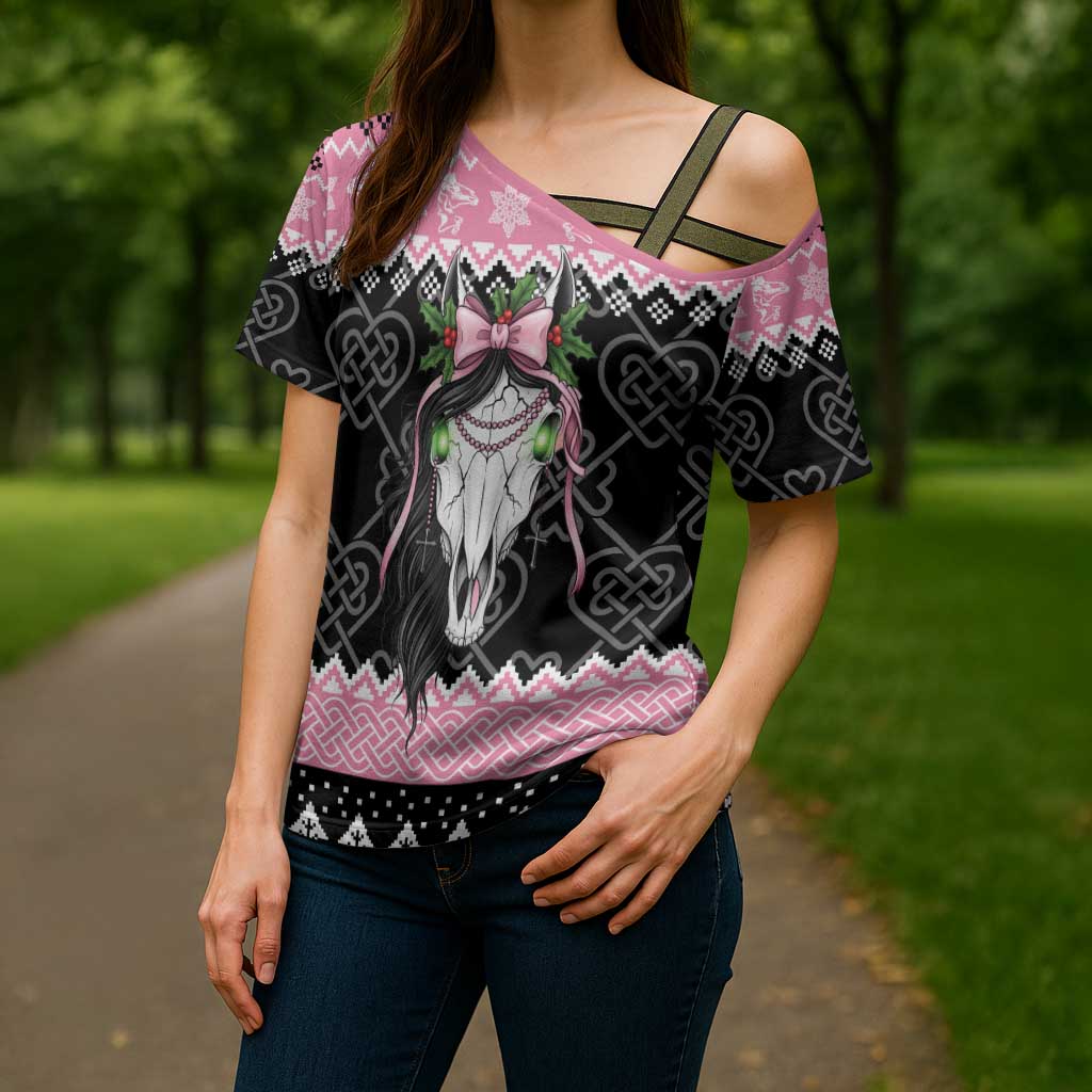 Anglesey Wales Christmas Cross Shoulder Shirt Pink Mari Lwyd Welsh Celtic Knot - Wonder Print Shop