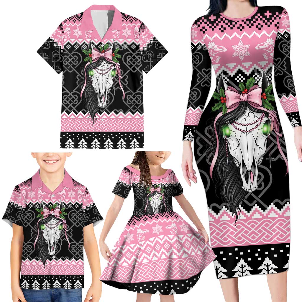 Anglesey Wales Christmas Family Matching Long Sleeve Bodycon Dress and Hawaiian Shirt Pink Mari Lwyd Welsh Celtic Knot - Wonder Print Shop