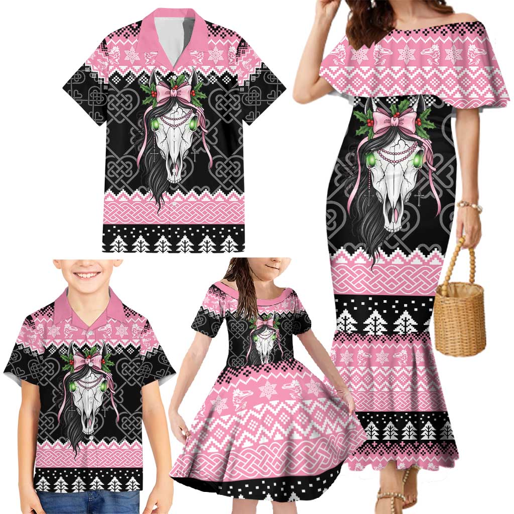 Anglesey Wales Christmas Family Matching Mermaid Dress and Hawaiian Shirt Pink Mari Lwyd Welsh Celtic Knot - Wonder Print Shop