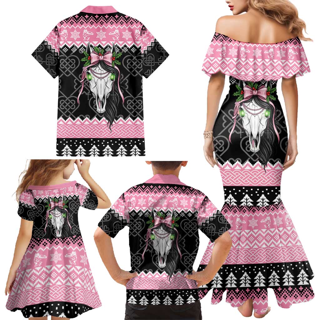 Anglesey Wales Christmas Family Matching Mermaid Dress and Hawaiian Shirt Pink Mari Lwyd Welsh Celtic Knot - Wonder Print Shop