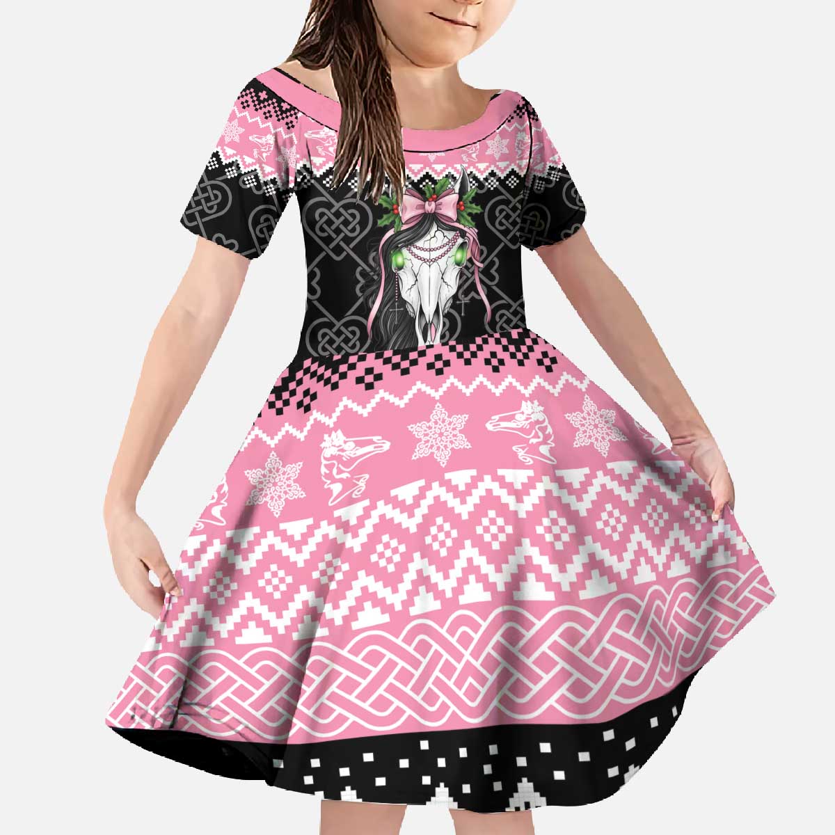 Anglesey Wales Christmas Family Matching Off The Shoulder Long Sleeve Dress and Hawaiian Shirt Pink Mari Lwyd Welsh Celtic Knot - Wonder Print Shop