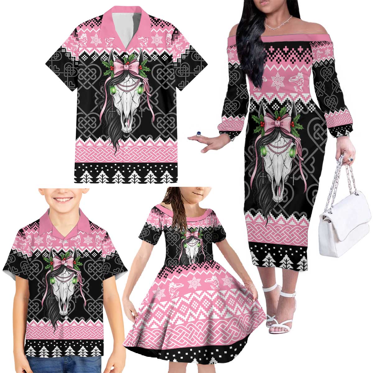 Anglesey Wales Christmas Family Matching Off The Shoulder Long Sleeve Dress and Hawaiian Shirt Pink Mari Lwyd Welsh Celtic Knot - Wonder Print Shop