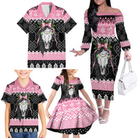 Anglesey Wales Christmas Family Matching Off The Shoulder Long Sleeve Dress and Hawaiian Shirt Pink Mari Lwyd Welsh Celtic Knot - Wonder Print Shop
