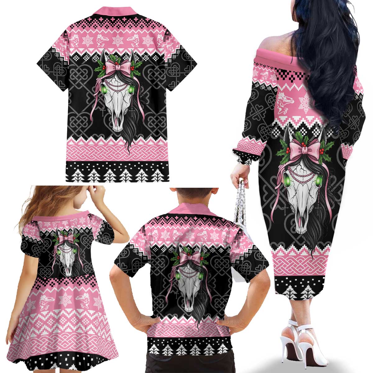 Anglesey Wales Christmas Family Matching Off The Shoulder Long Sleeve Dress and Hawaiian Shirt Pink Mari Lwyd Welsh Celtic Knot - Wonder Print Shop