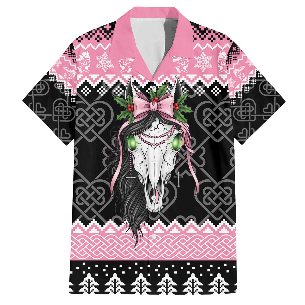 Anglesey Wales Christmas Family Matching Off The Shoulder Long Sleeve Dress and Hawaiian Shirt Pink Mari Lwyd Welsh Celtic Knot - Wonder Print Shop