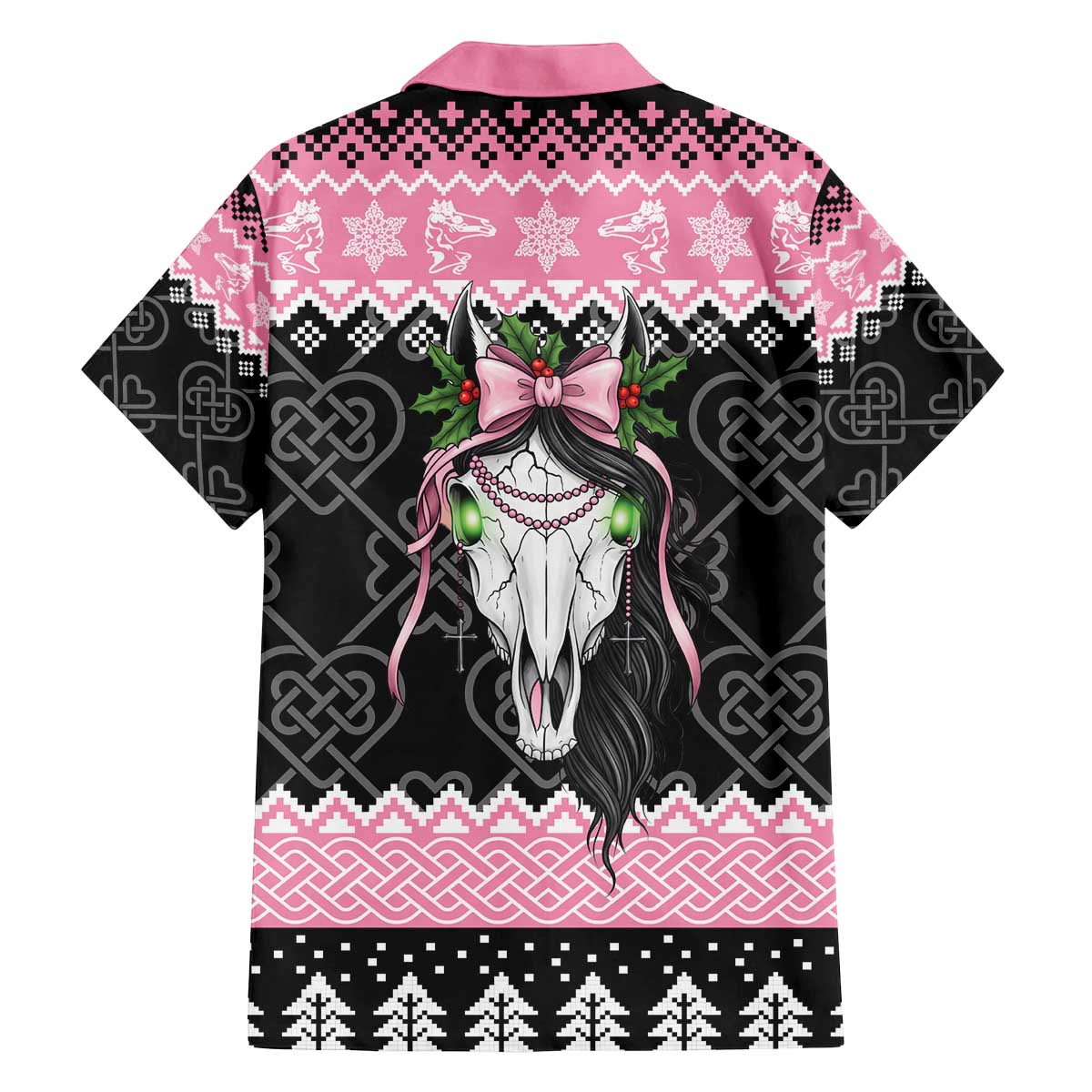 Anglesey Wales Christmas Family Matching Off The Shoulder Long Sleeve Dress and Hawaiian Shirt Pink Mari Lwyd Welsh Celtic Knot - Wonder Print Shop
