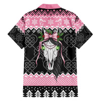 Anglesey Wales Christmas Family Matching Off The Shoulder Long Sleeve Dress and Hawaiian Shirt Pink Mari Lwyd Welsh Celtic Knot - Wonder Print Shop
