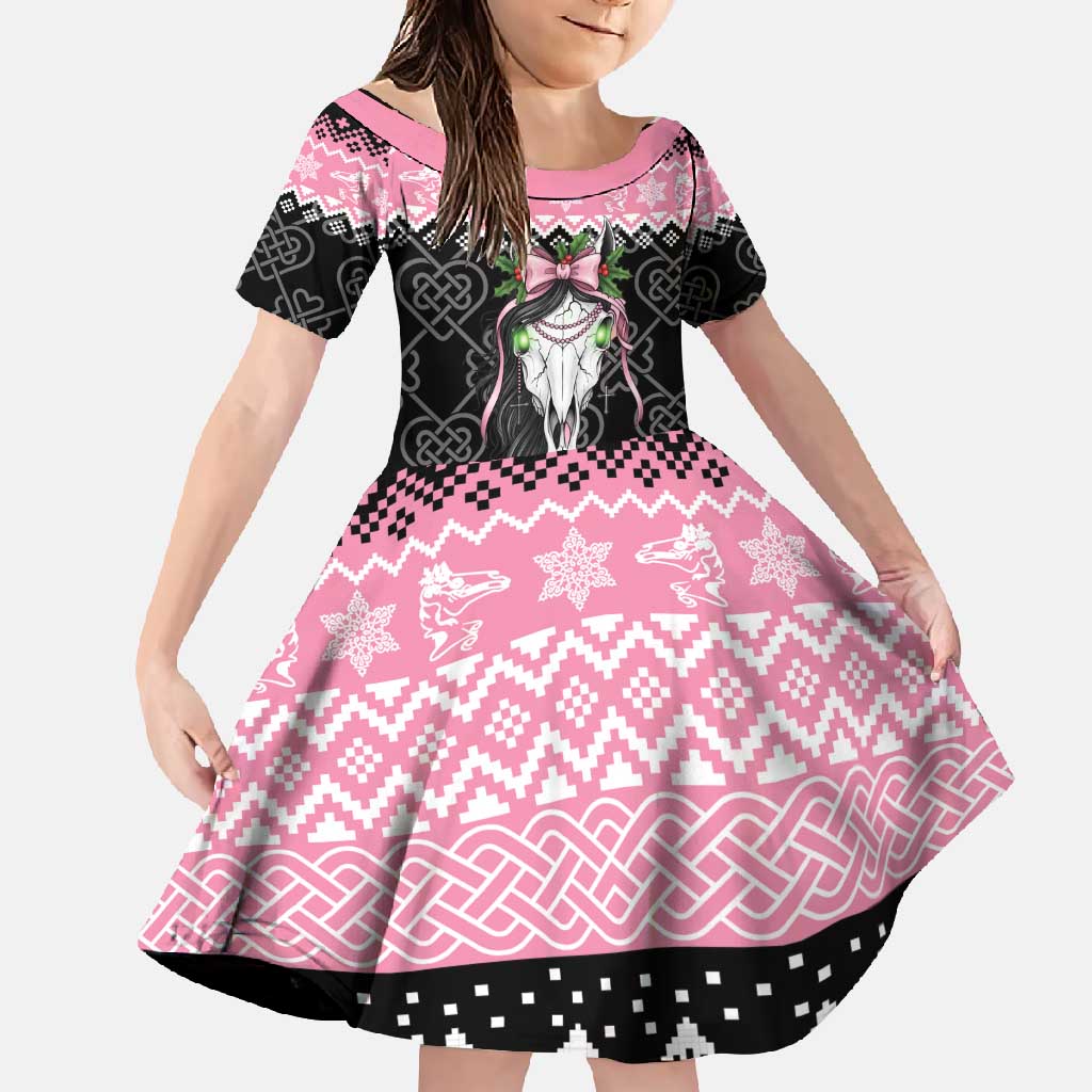 Anglesey Wales Christmas Family Matching Off Shoulder Maxi Dress and Hawaiian Shirt Pink Mari Lwyd Welsh Celtic Knot - Wonder Print Shop