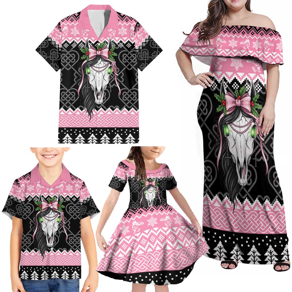 Anglesey Wales Christmas Family Matching Off Shoulder Maxi Dress and Hawaiian Shirt Pink Mari Lwyd Welsh Celtic Knot - Wonder Print Shop