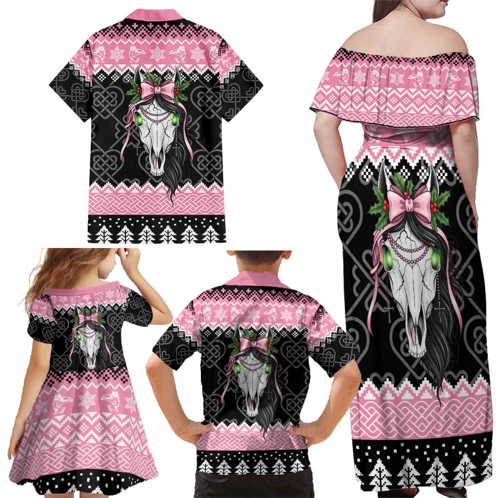 Anglesey Wales Christmas Family Matching Off Shoulder Maxi Dress and Hawaiian Shirt Pink Mari Lwyd Welsh Celtic Knot - Wonder Print Shop