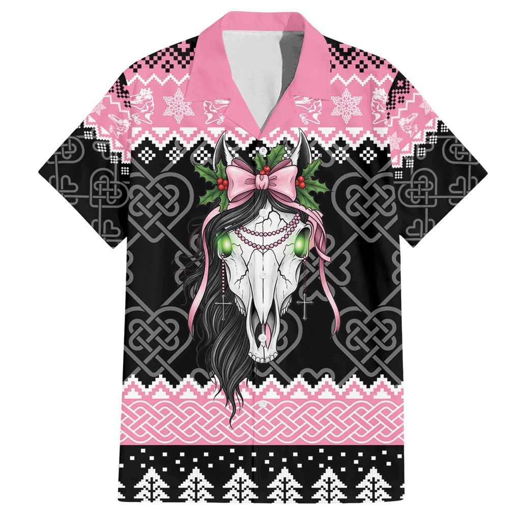 Anglesey Wales Christmas Family Matching Off Shoulder Maxi Dress and Hawaiian Shirt Pink Mari Lwyd Welsh Celtic Knot - Wonder Print Shop