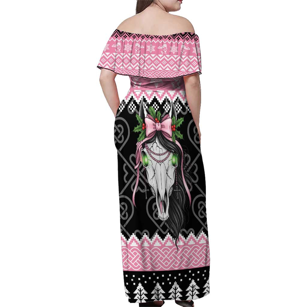 Anglesey Wales Christmas Family Matching Off Shoulder Maxi Dress and Hawaiian Shirt Pink Mari Lwyd Welsh Celtic Knot - Wonder Print Shop
