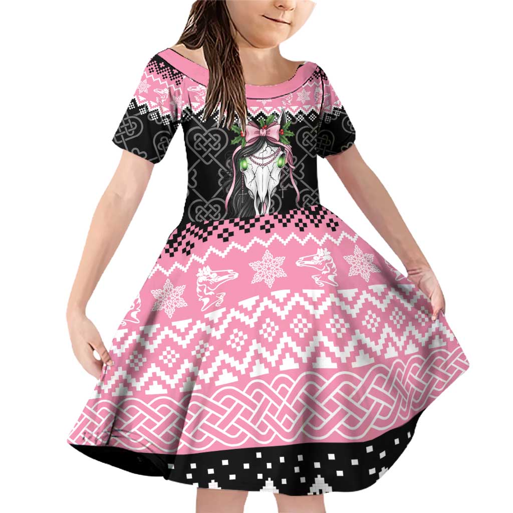 Anglesey Wales Christmas Family Matching Off Shoulder Short Dress and Hawaiian Shirt Pink Mari Lwyd Welsh Celtic Knot - Wonder Print Shop