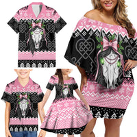 Anglesey Wales Christmas Family Matching Off Shoulder Short Dress and Hawaiian Shirt Pink Mari Lwyd Welsh Celtic Knot - Wonder Print Shop